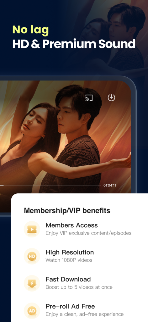 YOUKU-Drama, Film, Show, Anime - YOUKU app screenshot showing VIP membership benefits like HD resolution and ad free viewing