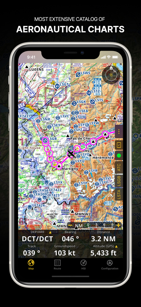 Air Navigation Pro - Air Navigation Pro app displaying a detailed aeronautical chart with a flight path and navigation data on a smartphone screen