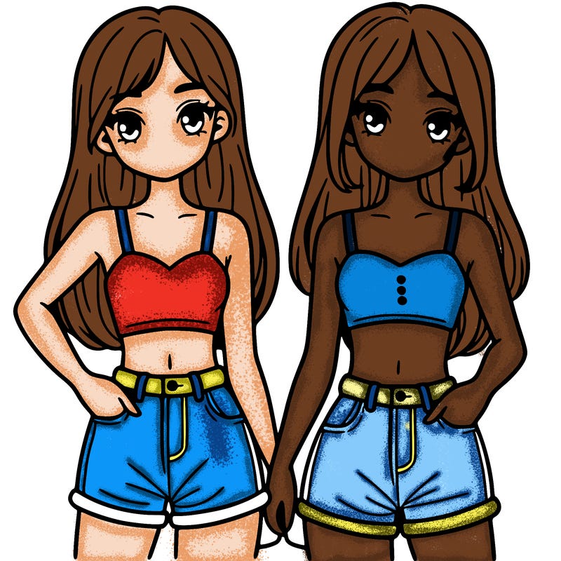 two sisters with crop tops and jean shorts and straight hair