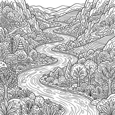 Immerse yourself in the breathtaking beauty of nature with this detailed river valleys coloring page. Discover winding waterways, towering mountains, and lush forests, all waiting for your creative touch.