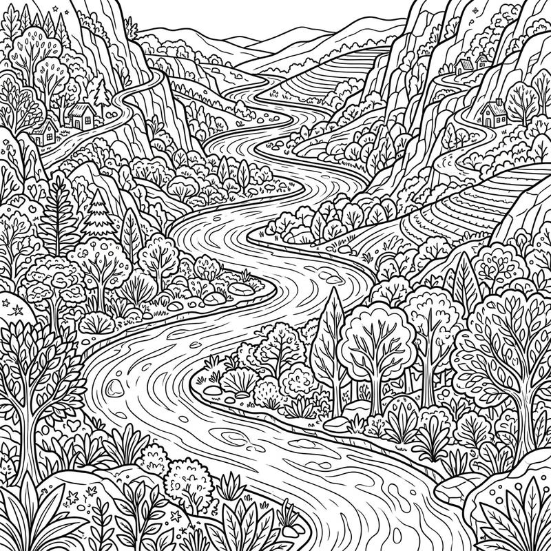 Immerse yourself in the breathtaking beauty of nature with this detailed river valleys coloring page. Discover winding waterways, towering mountains, and lush forests, all waiting for your creative touch.