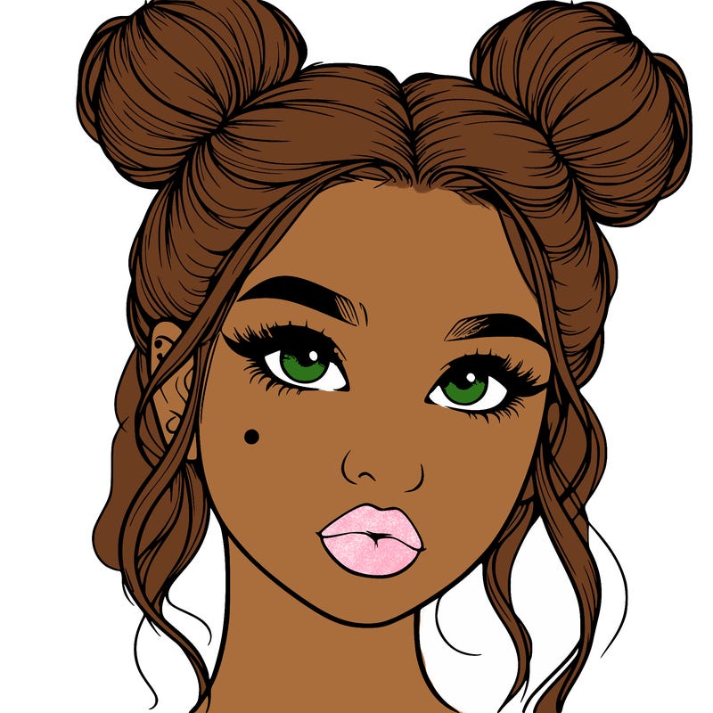 realistic girl with two buns on her hair and lips