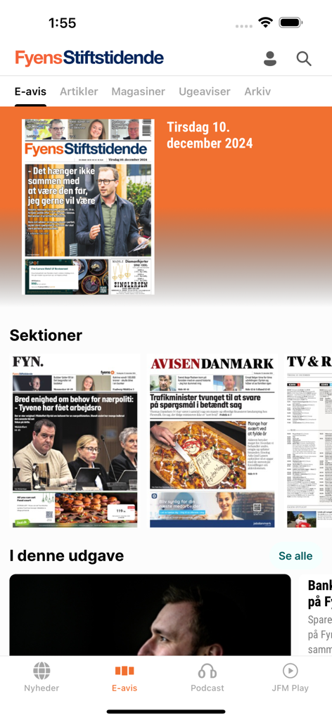 Die Fyens Stiftstidende Nachrichten-App zeigt ihre digitale Zeitungsausgabe und lokale Sektionen an.