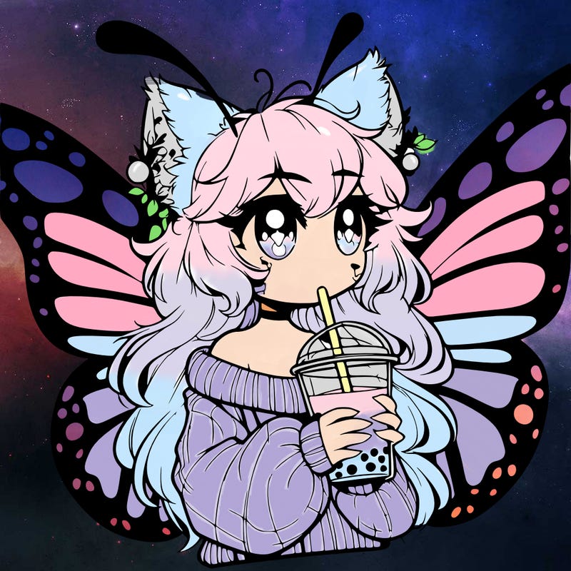 a realistic butterfly/furry girl drinking boba