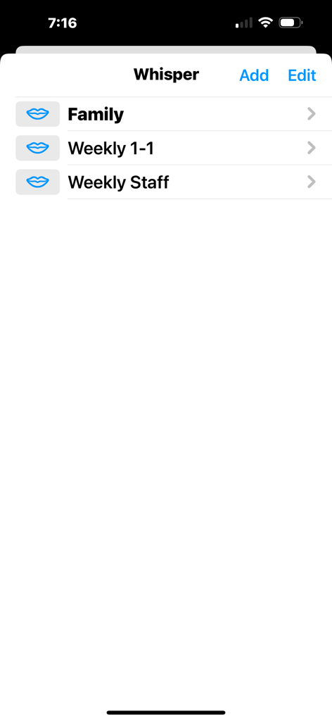 Whisper - talk without voice - Main screen of the Whisper app displaying a list of conversation categories including Family and Weekly Staff