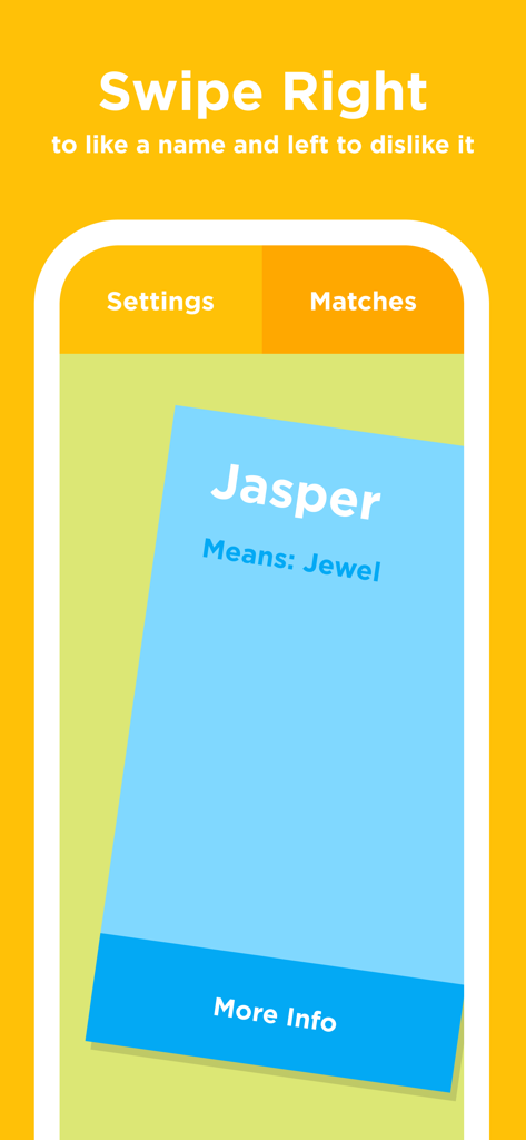 BabyName - find it together - Screenshot of BabyName app showing a card for the name Jasper with its meaning and instructions to swipe right to like or left to dislike.