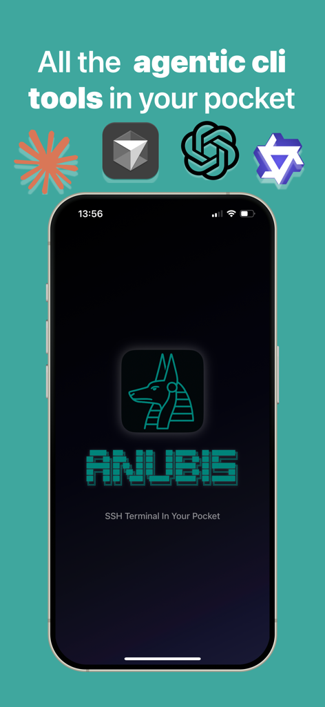 Anubis - SSH Terminal - iPhone screen displaying the Anubis SSH Terminal splash screen with the text All the agentic cli tools in your pocket and logos of AI developer tools.