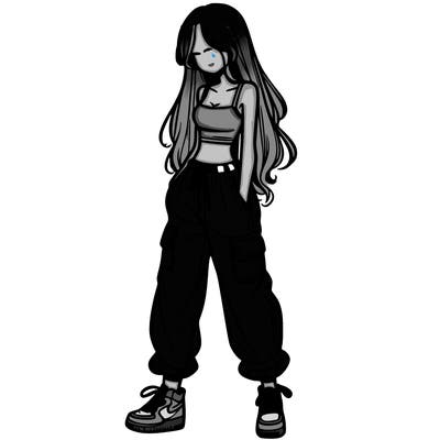 girl in baggy pants crop top and long hair
