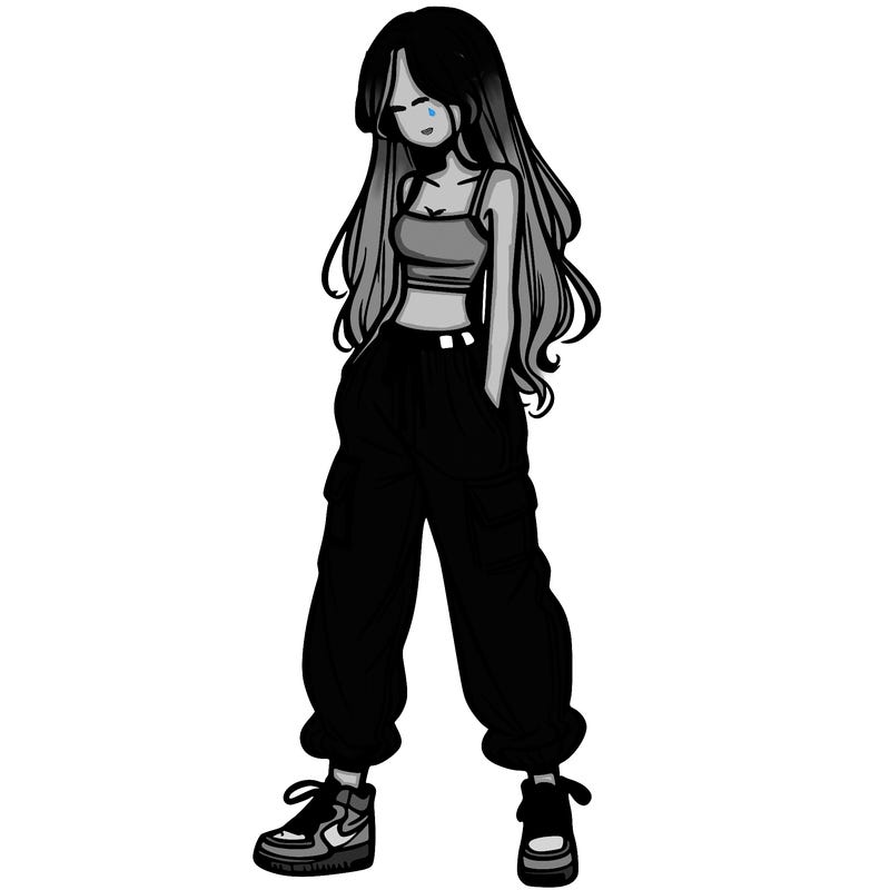 girl in baggy pants crop top and long hair