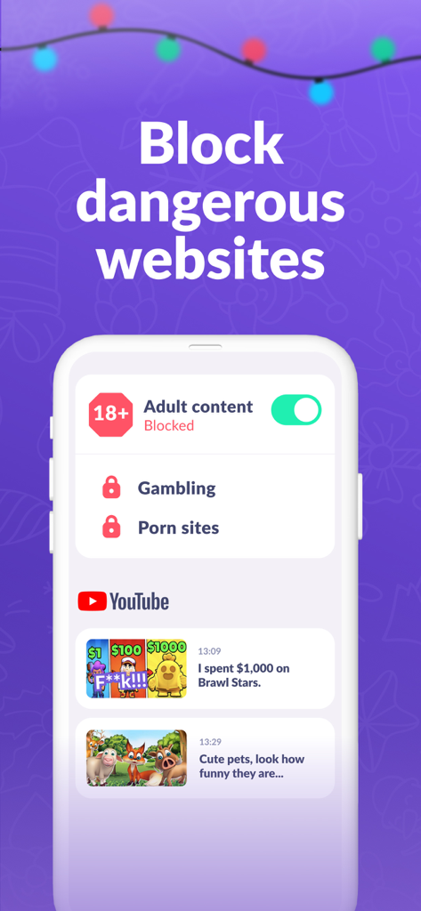 Parental Control App Kids360 - Kids360 app interface showing how to block adult content and monitor child YouTube history