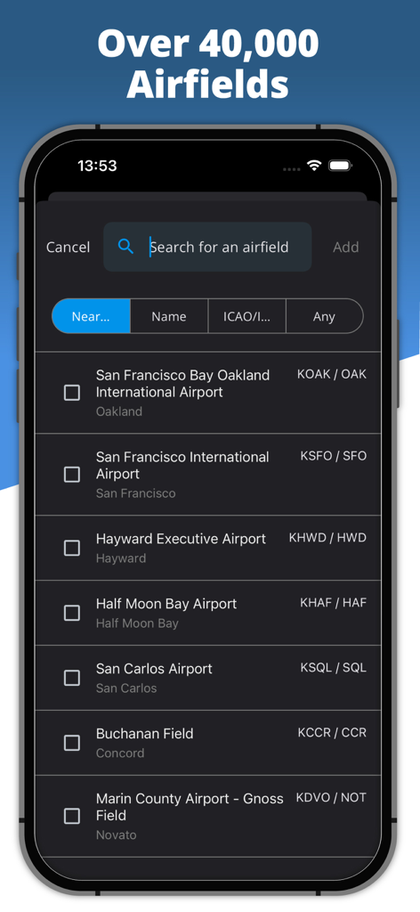 Pantalla de la aplicación que muestra la búsqueda de más de 40.000 aeródromos con códigos ICAO
