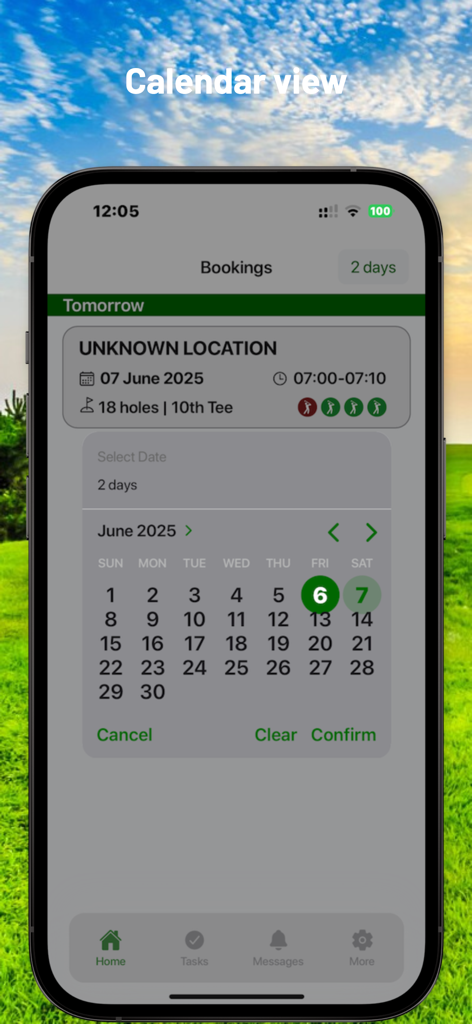 Vista de calendario para la programación y reservas en la interfaz móvil de la App Golf Manager.