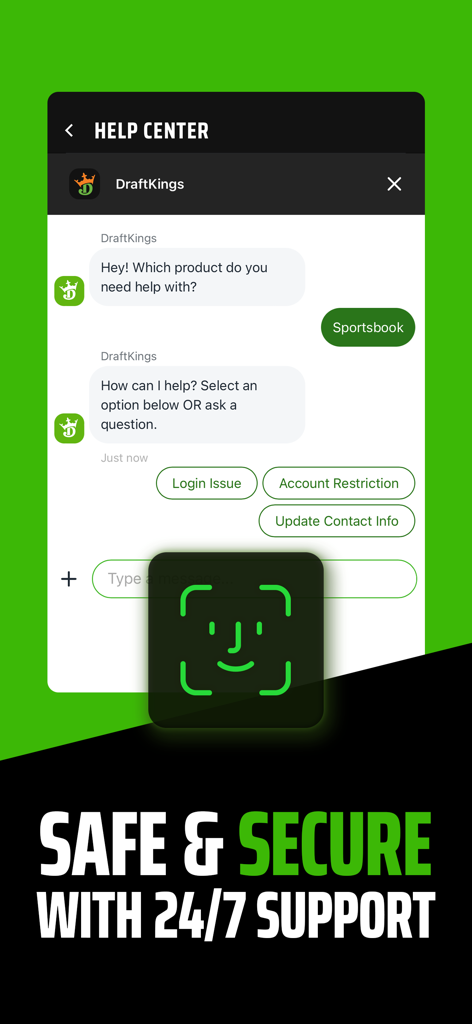 DraftKings app help center chat with Face ID security icon and 24/7 support text