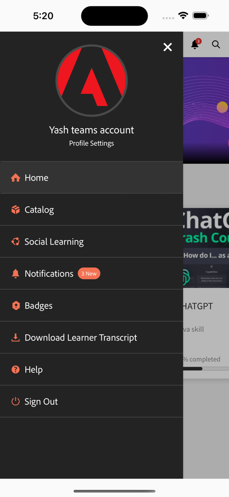 Adobe Learning Manager - Menú de navegación de la aplicación móvil Adobe Learning Manager que muestra el perfil de usuario y las opciones de cuenta.