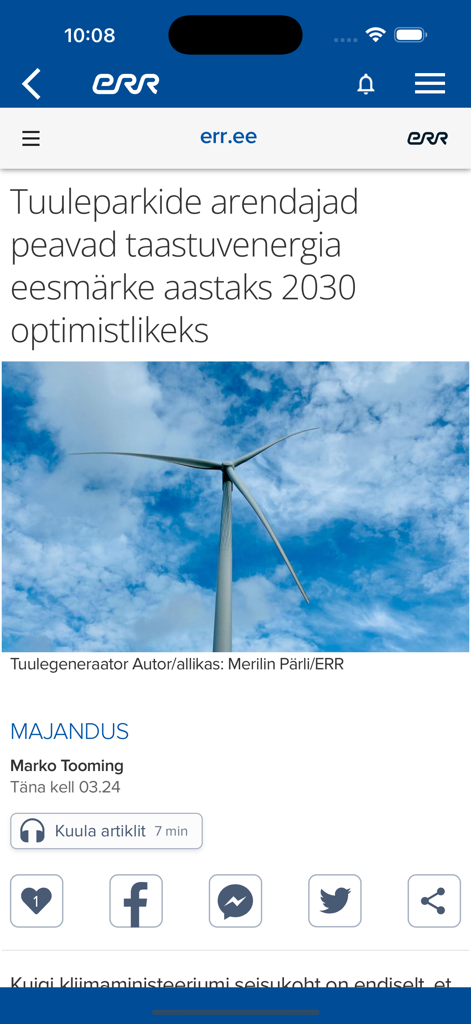 Um artigo de notícias sobre metas de energia renovável na aplicação ERR Uudised com uma opção de leitor de áudio