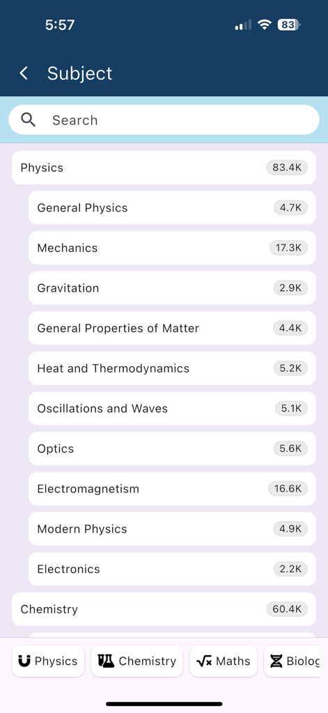National Digital Library India - Eine Liste von Physik-Unterthemen und Ressourcenanzahlen innerhalb der National Digital Library India App