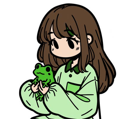 girl with long hair and a oversized shirt. and she is holding a frog