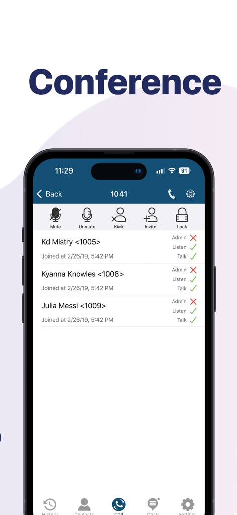 Deltapath Mobile - Interface of the Deltapath Mobile app showing a list of participants in a conference call with options to mute, kick, or lock the meeting