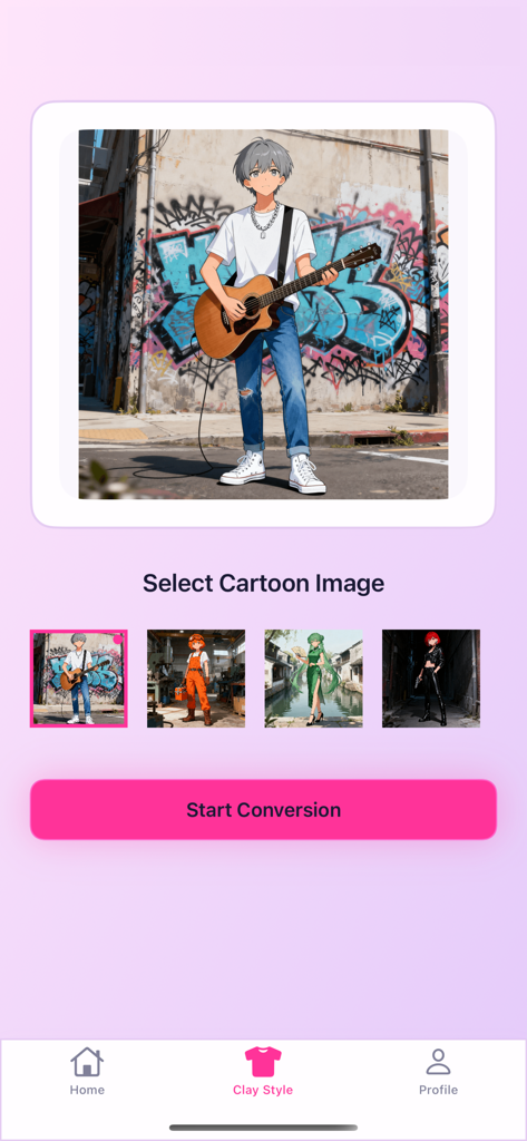 AI Fans - AI Generator - AI Fans app screen showing an anime character with a guitar and options to select cartoon images for clay style conversion