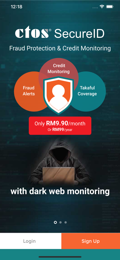 CTOS - Tela do aplicativo CTOS SecureID exibindo serviços de proteção contra fraudes e monitoramento de crédito, incluindo alertas de monitoramento da dark web