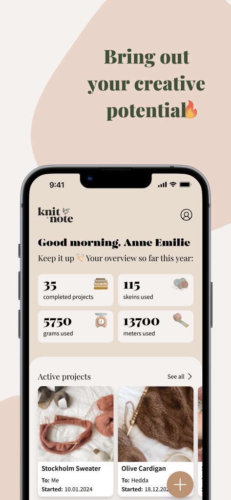 Knitandnote: Knitting App - Dashboard of the Knitandnote knitting app showing project statistics and active work in progress