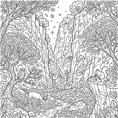 Immerse yourself in the breathtaking beauty of an autumn box canyon, teeming with wildlife and intricate seasonal details. This detailed coloring page captures the essence of fall, perfect for nature lovers.