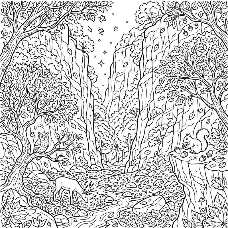 Immerse yourself in the breathtaking beauty of an autumn box canyon, teeming with wildlife and intricate seasonal details. This detailed coloring page captures the essence of fall, perfect for nature lovers.