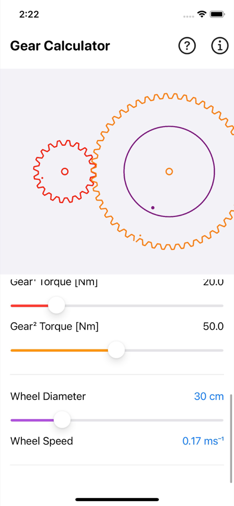 Gear Simulation & Calculation - Interface of the Gear Simulation app showing two gears and sliders for torque and wheel speed calculation