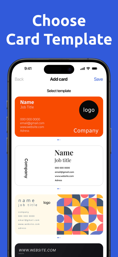 Digital Business Card Scannerㅤ - A variety of professional digital business card templates within a mobile app interface