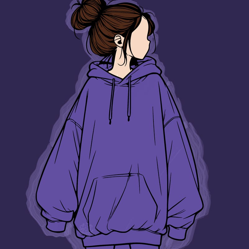realistic girl with a oversized sweatshirt on and a bun