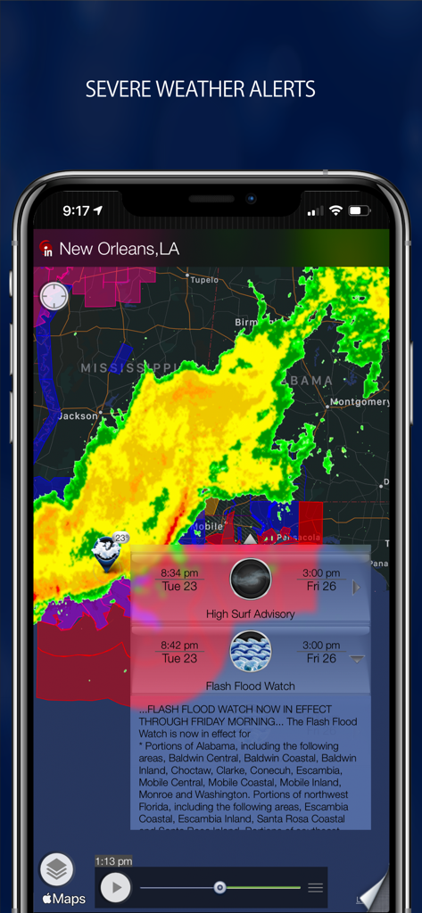 Radar MAX app displaying a severe weather alert for a flash flood watch over a New Orleans radar map.