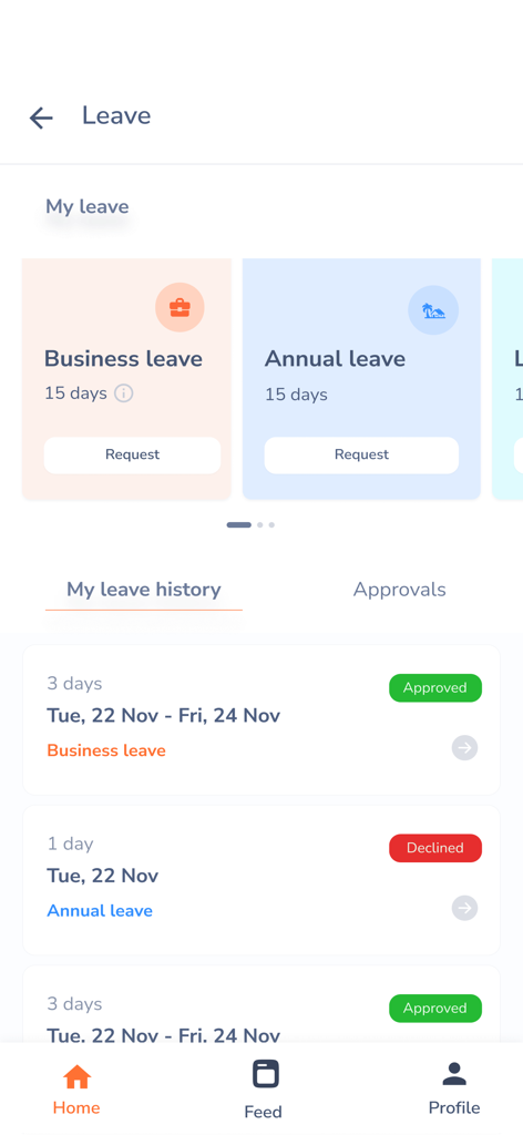 Huza HR - Interface of the Huza HR app showing leave balances, request buttons, and leave history status.