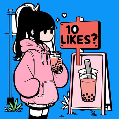 girl with oversized hoodie drinking boba and she has a high ponytail with a sign that says 10likes?