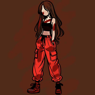 girl in baggy pants crop top and long hair