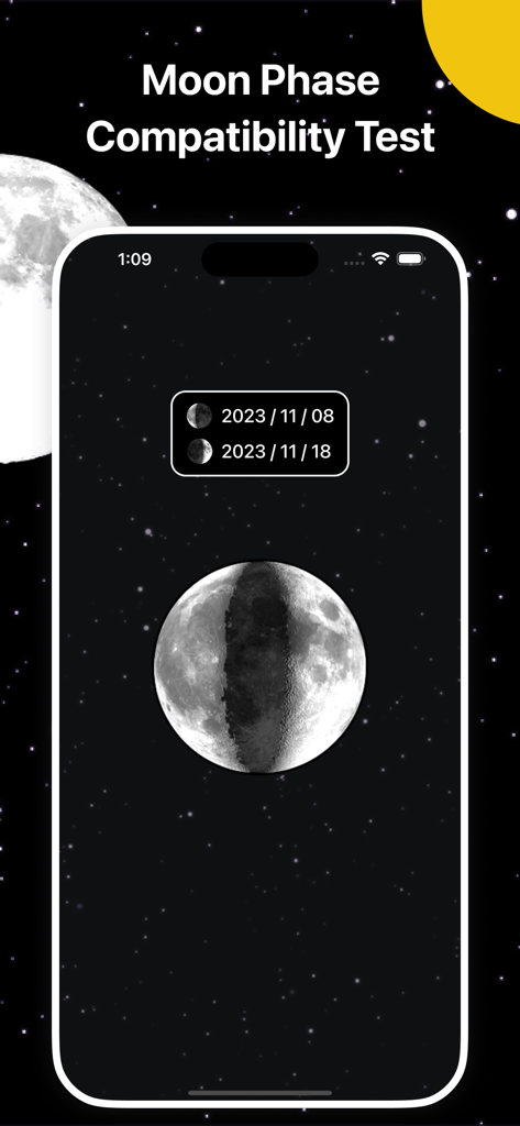 Moon Phase: Lunar Calendar - Pantalla de iPhone que muestra la función de Prueba de Compatibilidad de Fase Lunar con dos fechas y un gráfico lunar combinado