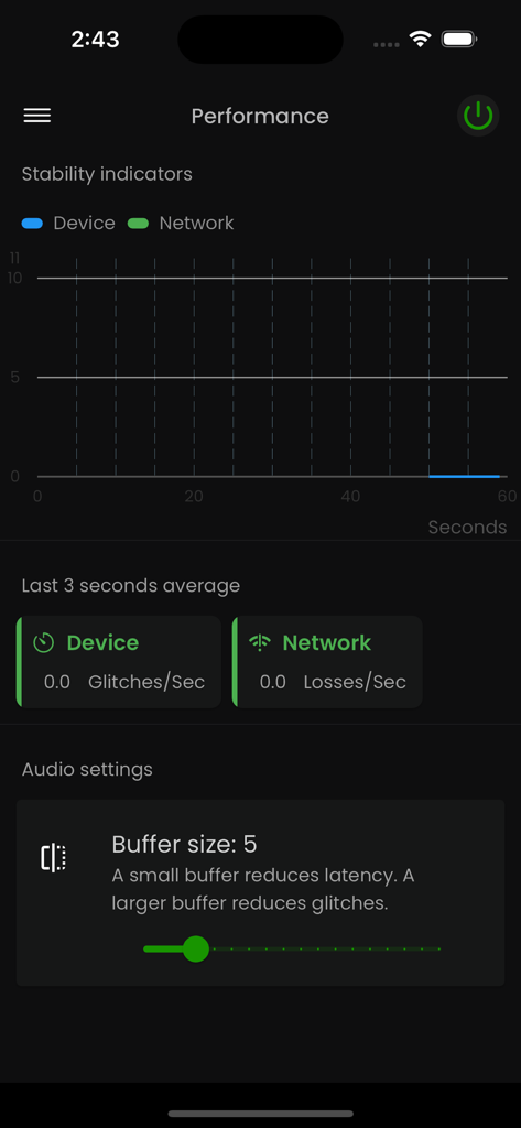 StageWave - Performance dashboard in StageWave app showing stability indicators and buffer size settings