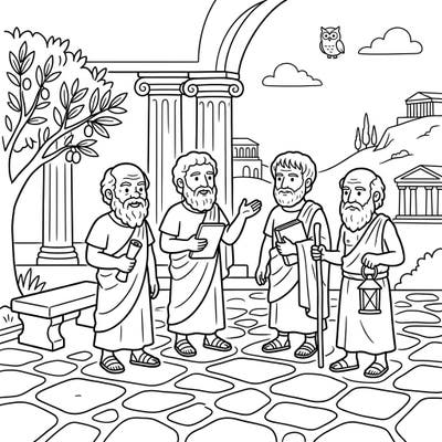 Introduce your child to the world of classical antiquity with this engaging coloring page featuring friendly ancient philosophers. Perfect for young learners, this scene offers a fun way to explore history and creativity.