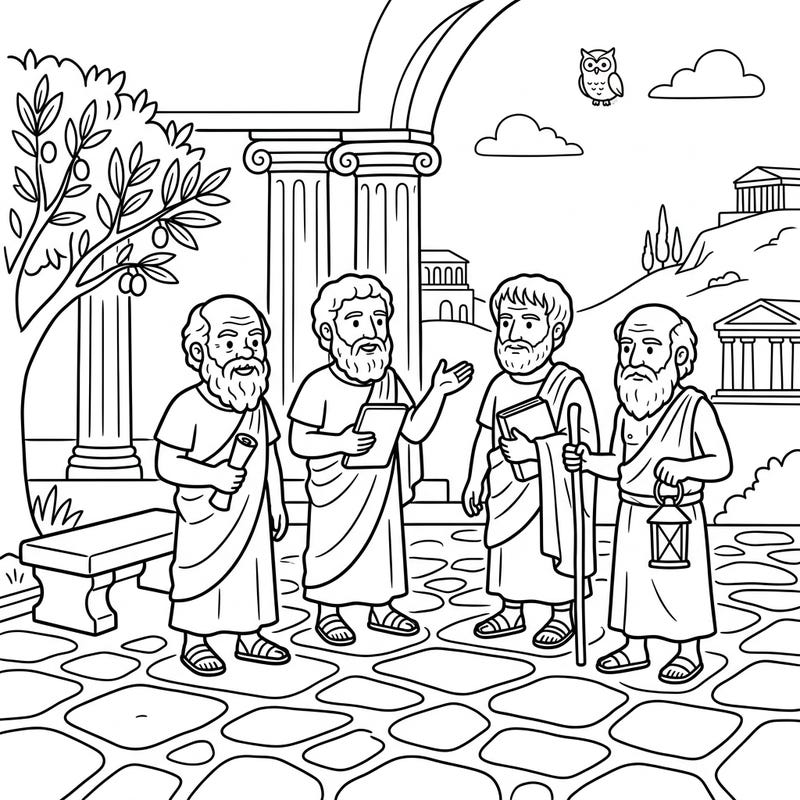 Introduce your child to the world of classical antiquity with this engaging coloring page featuring friendly ancient philosophers. Perfect for young learners, this scene offers a fun way to explore history and creativity.