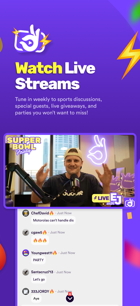 Dabble - Real Money Pick 'Em - Dabble app interface showing a live sports stream with an integrated social chat