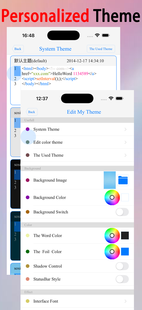 C/C++ LLVM Clang - Personalized theme settings for the C/C++ IDE app showing options to edit background colors fonts and text styles