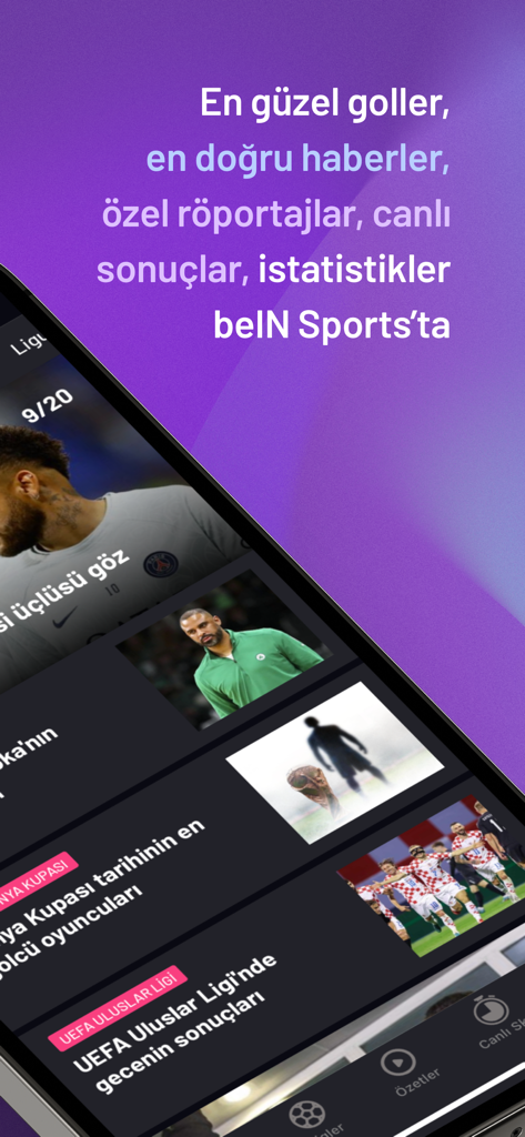 beIN SPORTS TR - 축구 뉴스 하이라이트와 실시간 점수가 표시되는 beIN SPORTS TR 앱 인터페이스