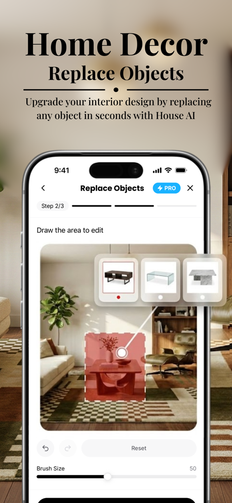 House AI - Interior Design Pro - House AI mobile app screen showing the replace objects feature to visualize new furniture in a living room
