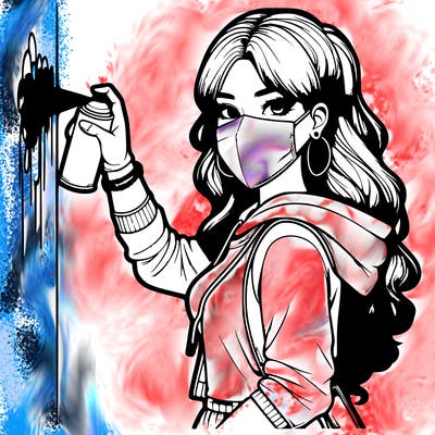 realistic girl with mask spray painting a wall