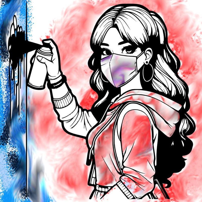 realistic girl with mask spray painting a wall