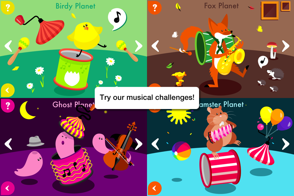 Four colorful themed planets with animal characters playing musical instruments in the Music4Kids Lite app