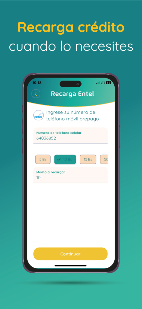 Billetera Yasta - Billetera Yasta app screen for recharging Entel mobile phone credit