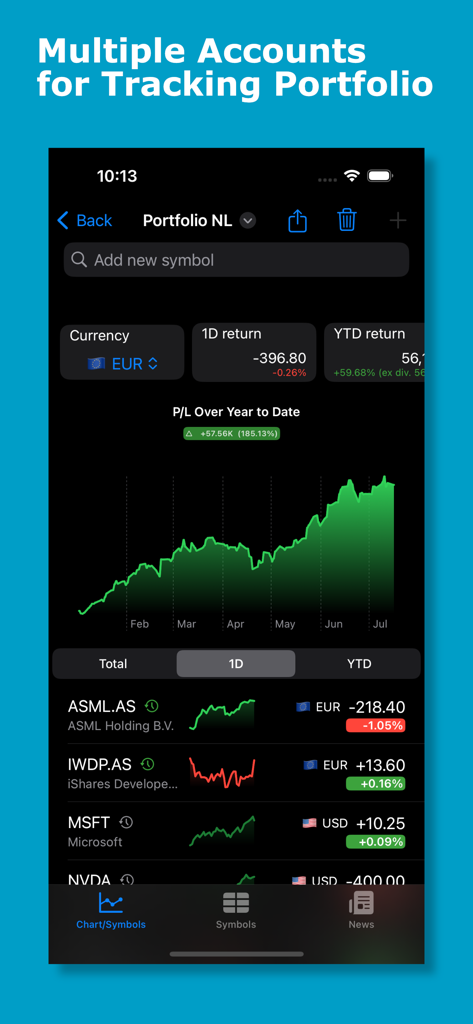eyeStock - eyeStock mobile app displaying stock portfolio performance and growth charts in dark mode