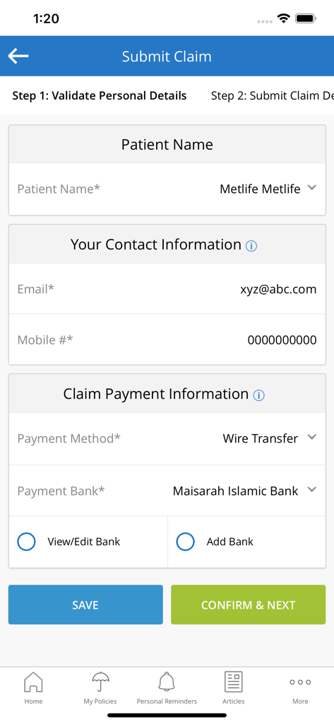 Écran de soumission de réclamation dans l'application myMetLife Gulf montrant l'étape de validation des données personnelles et de paiement.