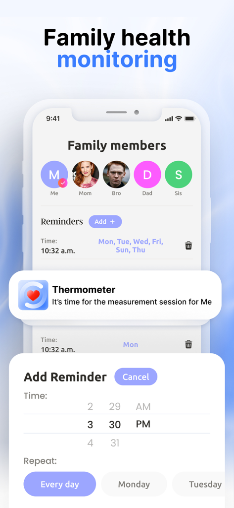 Interface of a health tracking app showing family profiles and measurement reminders