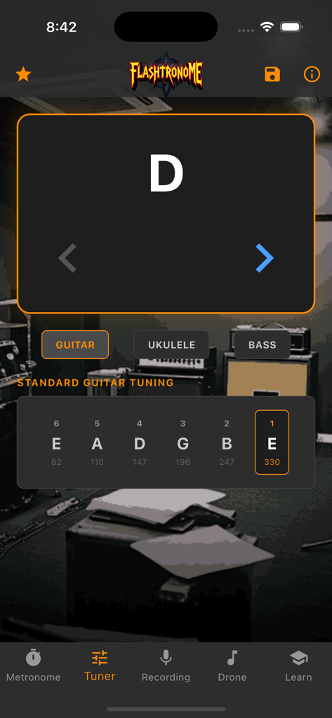 Flashtronome - Flashtronome app tuner interface displaying standard guitar tuning and string notes